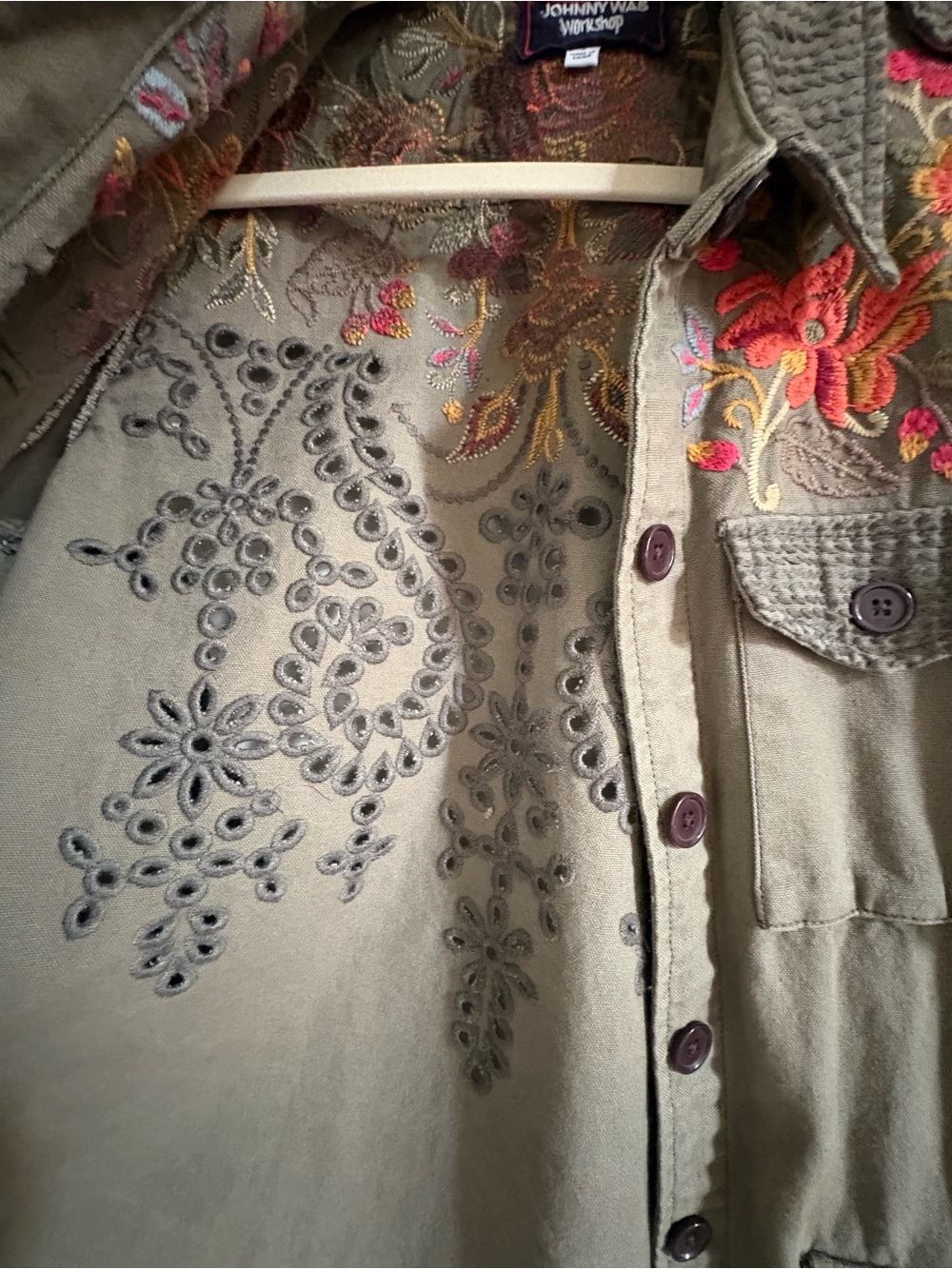 Johnny Was Olive Utility Jacket with Pink & Orange Embroidered Florals - Picture 4 of 4
